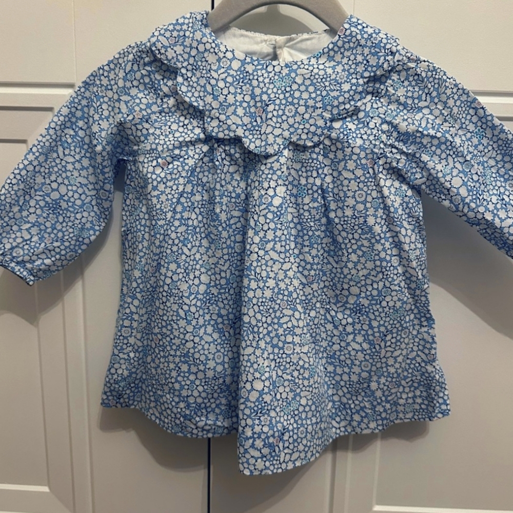 Jacadi Blue and White Floral Blouse with Ruffled Sleeves